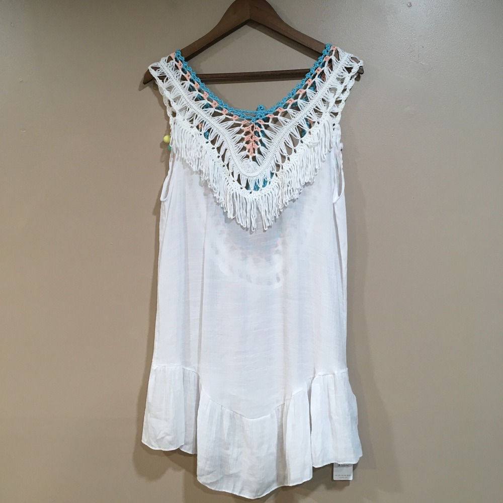 Cupshe Crochet Fringe Pom Pom Swim‎ Cover Up Womens M White Boho Beach Whimsical